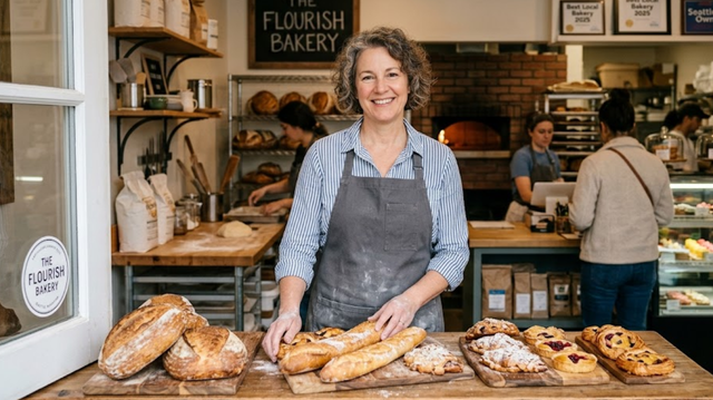 Baker in an apron smiling in a kitchen, confidently protected with business insurance